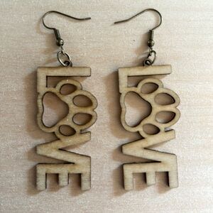 LOVE paw print earrings. Made of wood. For animal lovers